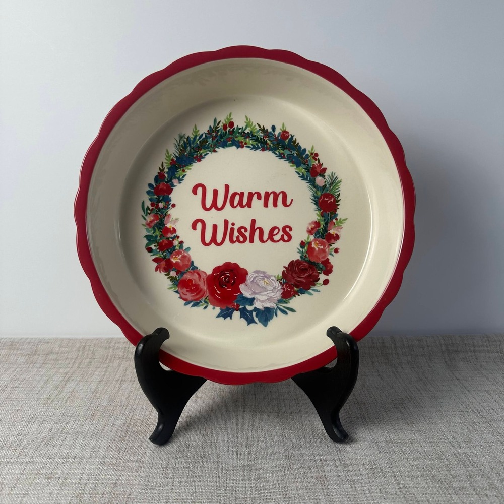 Pioneer Woman Warm Wishes 9" Stoneware Pie Plate Christmas Holiday Red